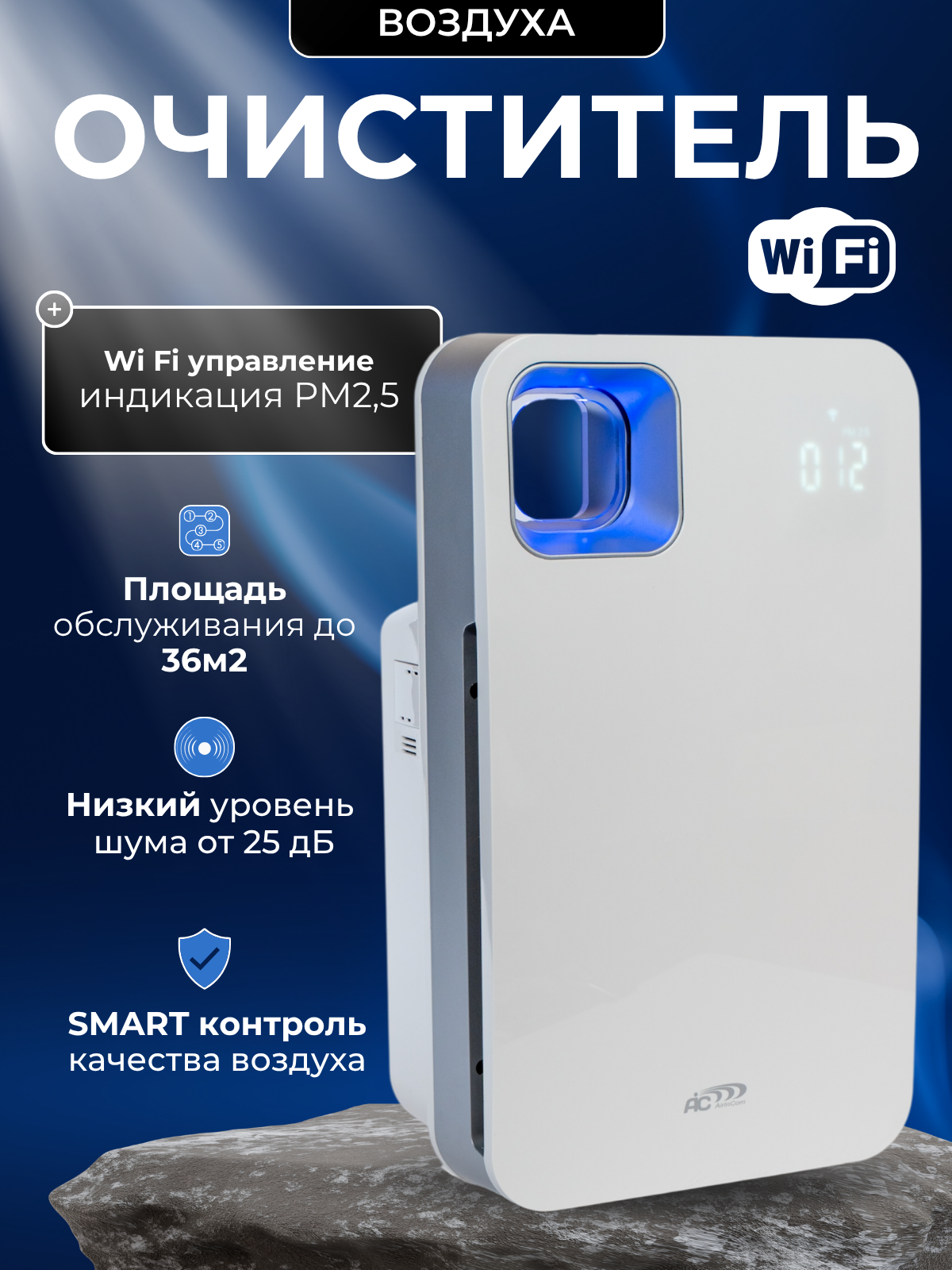 Очиститель Воздуха с УФ для дома 2,5PM с Wi Fi + Ионизатор. Бытовой Фотокаталитический Воздухоочиститель с Угольным и HEPA фильтром AIC XJ-3900A. До 36м