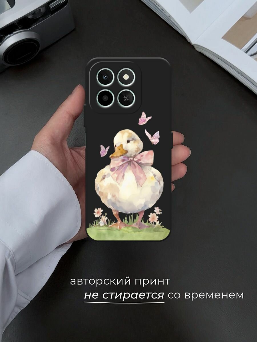 Черный матовый чехол на Honor X6c / Хонор X6c с принтом "Гусыня с бантиком" — фото 1