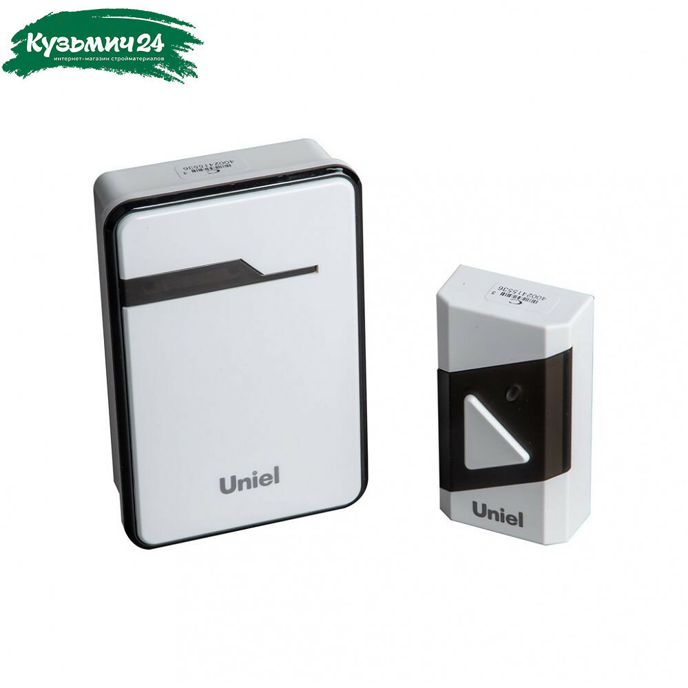 Звонок беспроводной Uniel UDB-016W-R1T1-38S-150M-WH-BL накладной 38 мелодий белый с черным