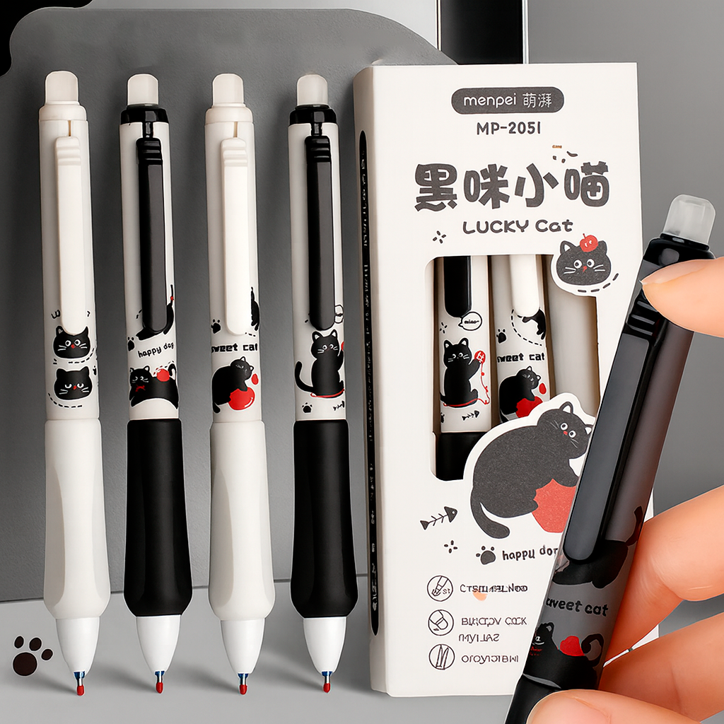 Набор стираемых гелевых ручек Lucky Cat 0.5 мм, 4 шт — стираемая паста, милый дизайн с котами
