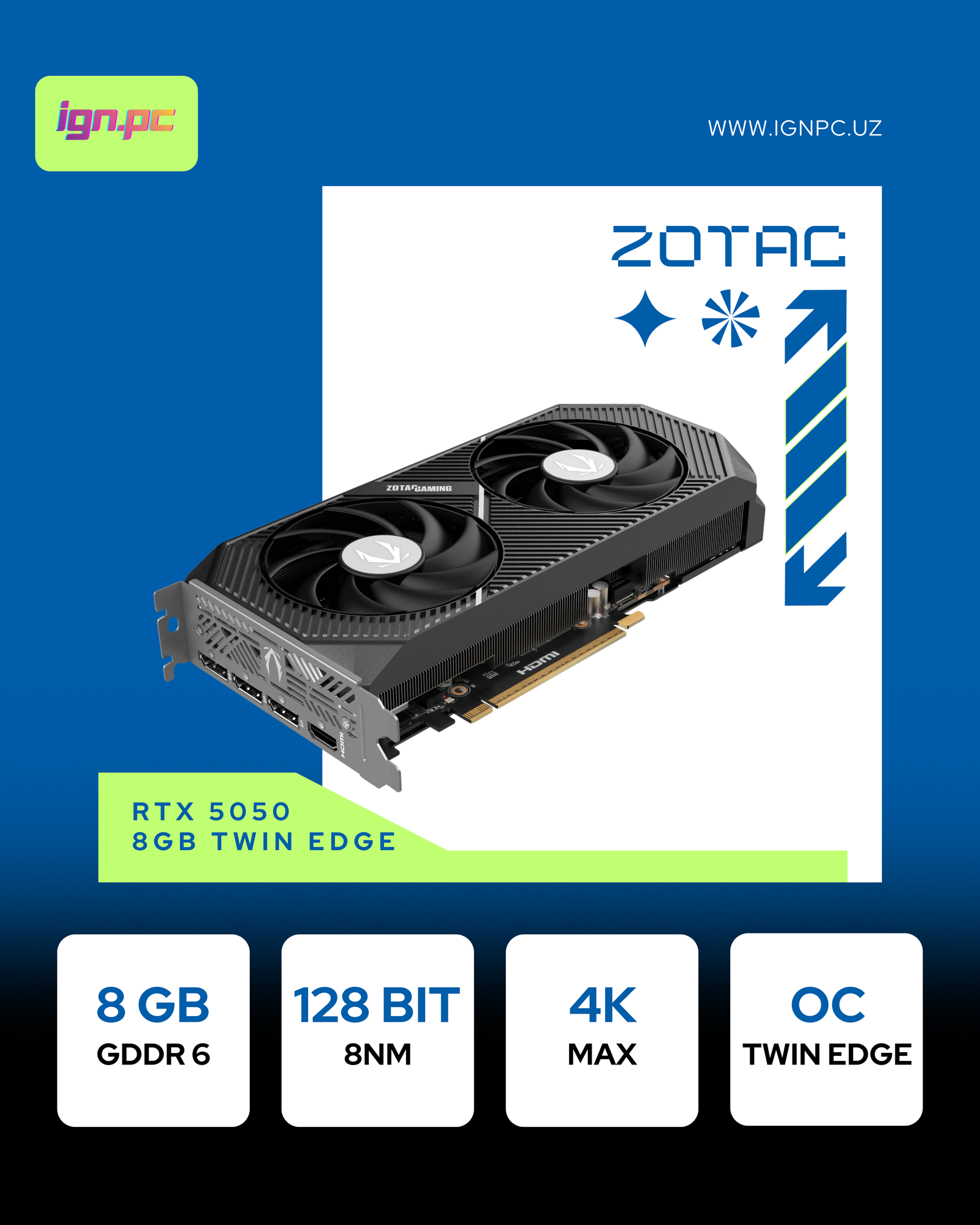 Видеокарта Zotac GeForce RTX5050, 8ГБ, DDR6, 128-bit, HDMI, 3-DP