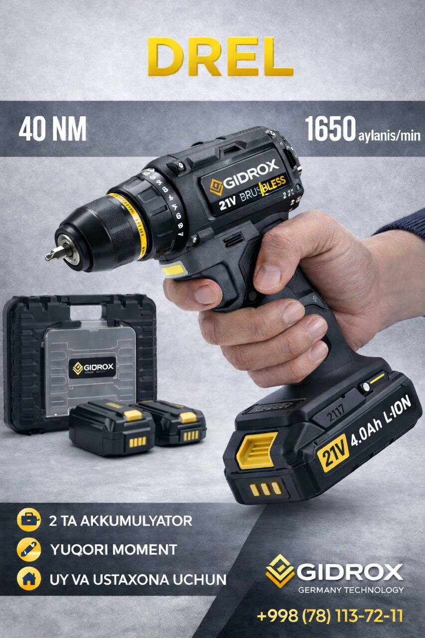 Аккумуляторная дрель-шуруповёрт 21V с набором и кейсом, 2 аккумулятора GIDROX