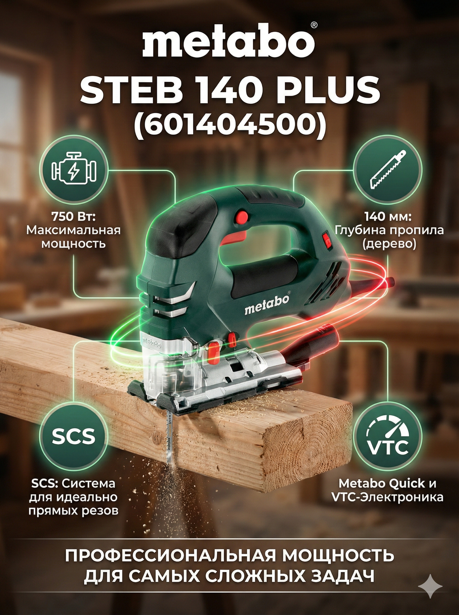 Электролобзик Metabo "STEB 140 PLUS" 601404500, 750Вт, D-образная рукоятка, с кейсом