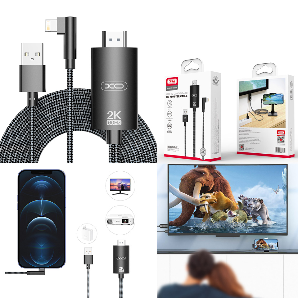 Кабель Переходник для телефону XO GB008 2K 60HZ Lightning - HDMI | USB Power, 1.8М, 1080P, 2K, 60Hz | Черний