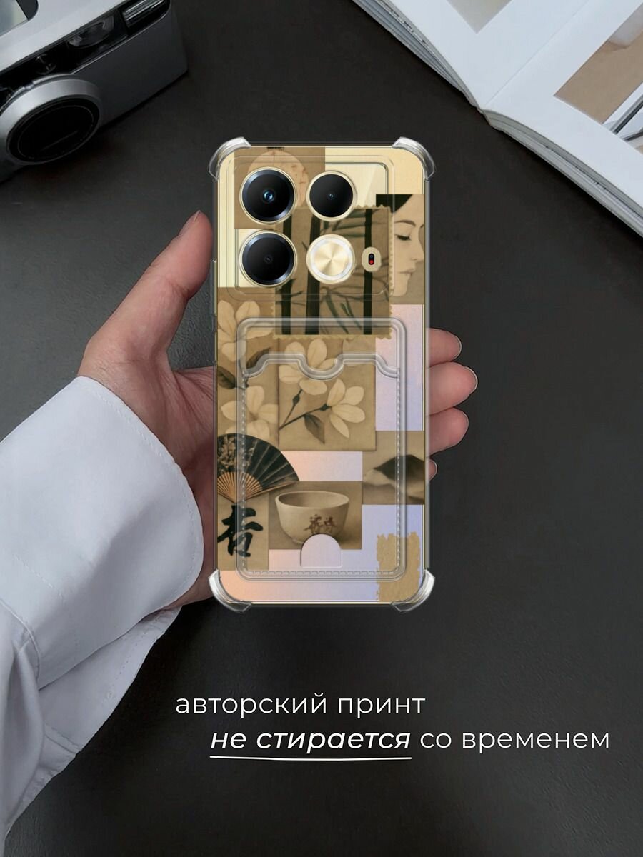 Чехол на Infinix Note 40 (Инфиникс Нот 40) с картой и принтом Японские марки сепия — фото 1