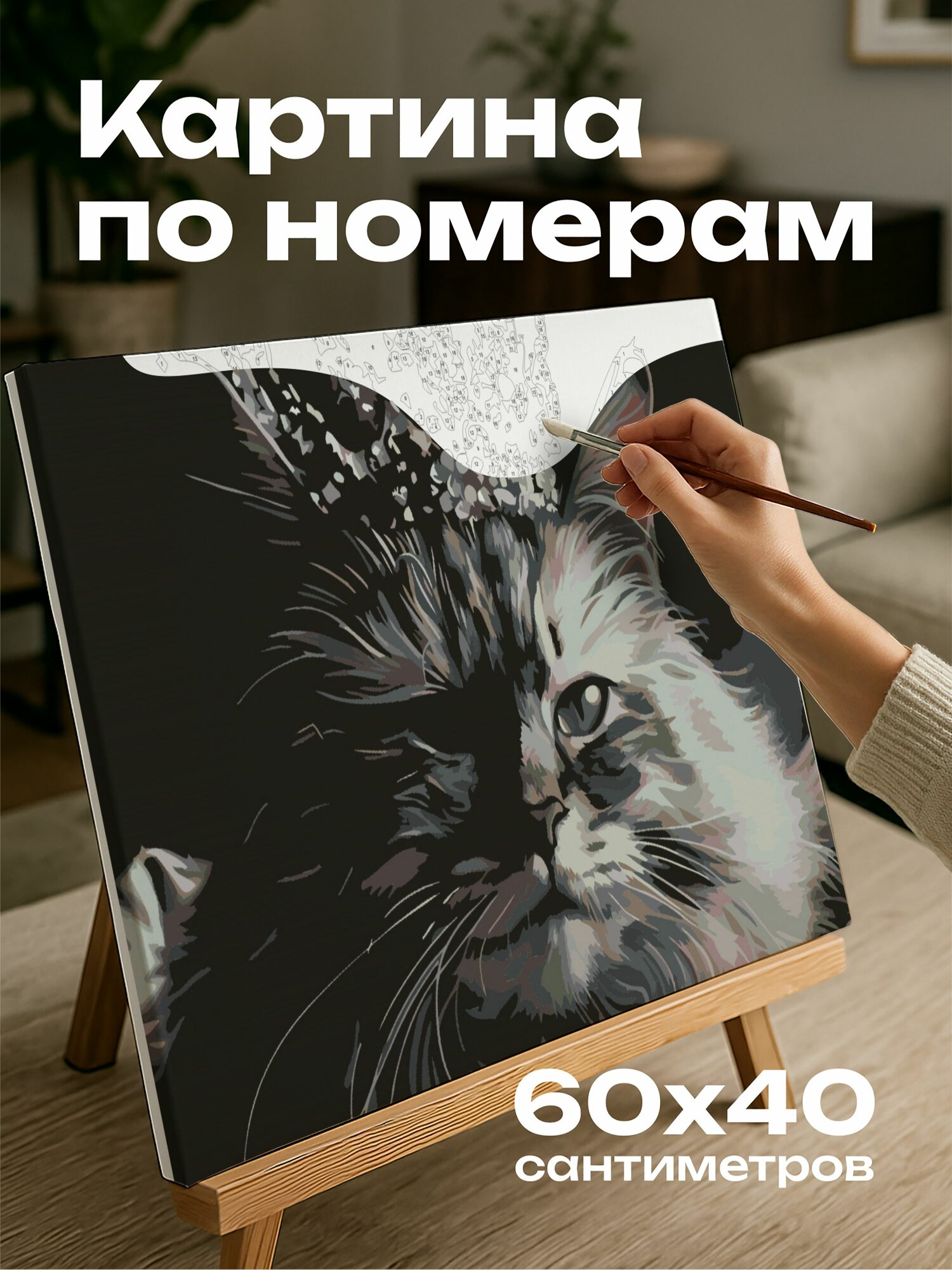 Картина по номерам 60x40 см, Кошка, масляная картина, элегантность, грация, корона, темный фон, освещение, 5:3