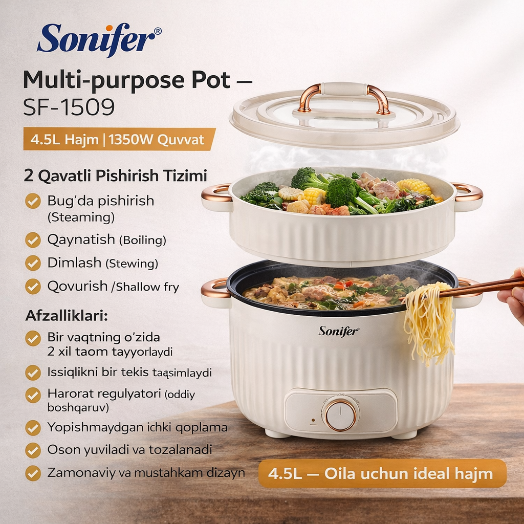 Электрическая кастрюля Sonifer Multi-purpose SF-1509, многофункциональная, 4,5 л