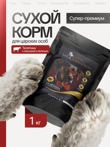 Изображение товара Корм для собак сухой 1 кг для мелких пород Телятина с овощами и зеленью