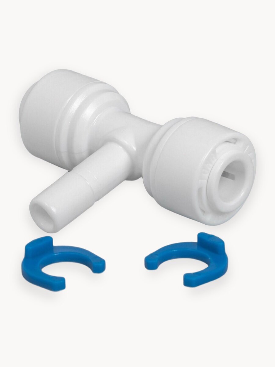 Переходник фитинг пластиковый тройник (Т-образный) для фильтра трубка 1/4" - шток - трубка 1/4", обратный осмос, цанга, сантехническое соединение