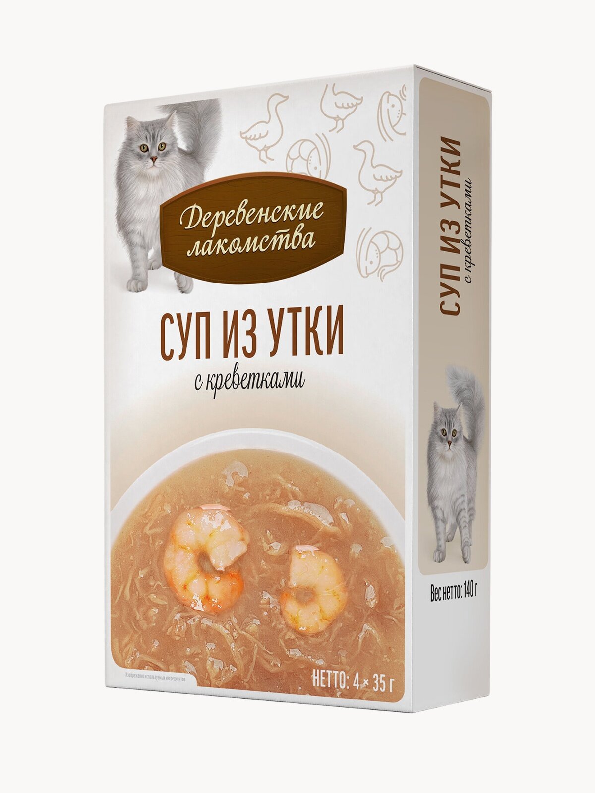 Суп для кошек из утки "Деревенские лакомства" с креветкой, паучи, 4 шт. х35гр.