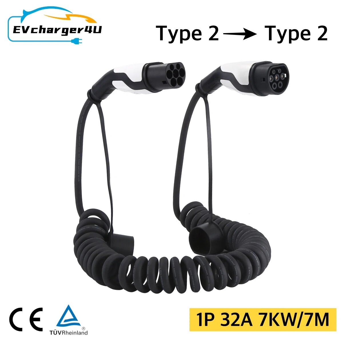 EVcharger4U Тип 2 Спиральный кабель для зарядки электромобилей 5 м 1 фаза/3 фазы 16A/32A 7 кВт/11 кВт/22 кВт Режим 3 спиральный шнур для электромобиля CE TUV, 1P 32A 7KW 7M