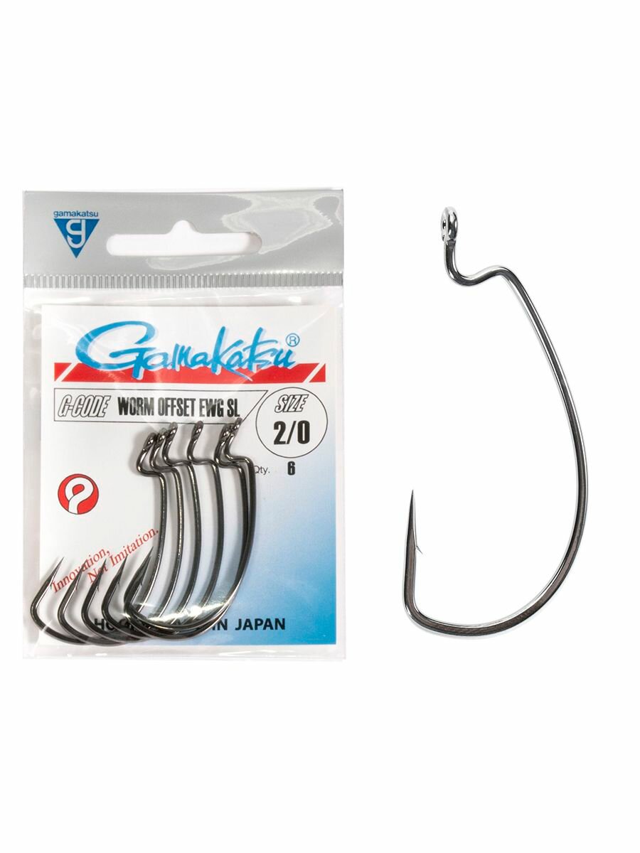 Крючки офсетные Gamakatsu Worm OFFSET EWG SL HOOKS BLACK размер 2/0 (упк.6шт.)