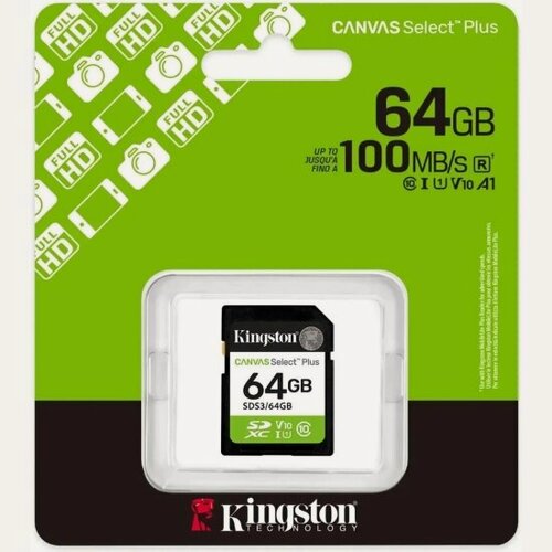 Изображение товара Карта памяти Kingston SDXC 64Gb Canvas Select Plus Gen3 UHS-I U1 V10 100 Mb/s