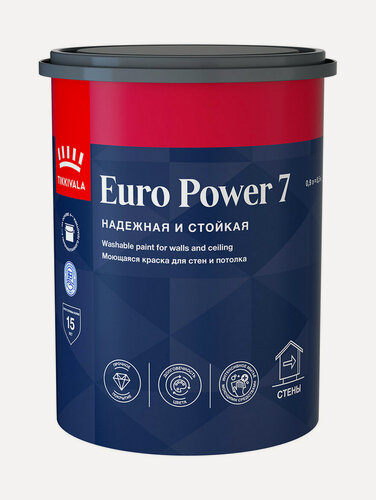Изображение товара Краска Tikkivala Euro Power 7 интерьерная, стойкая к мытью, база A, матовый, 0,9 л