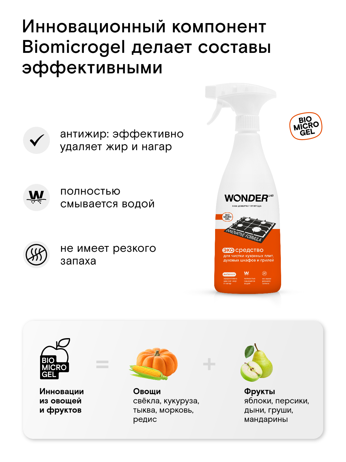 Антижир для кухни без резкого запаха, чистящее средство для плит, духовок и грилей, Wonder Lab, против стойкой грязи, 0,55 л — фото 1