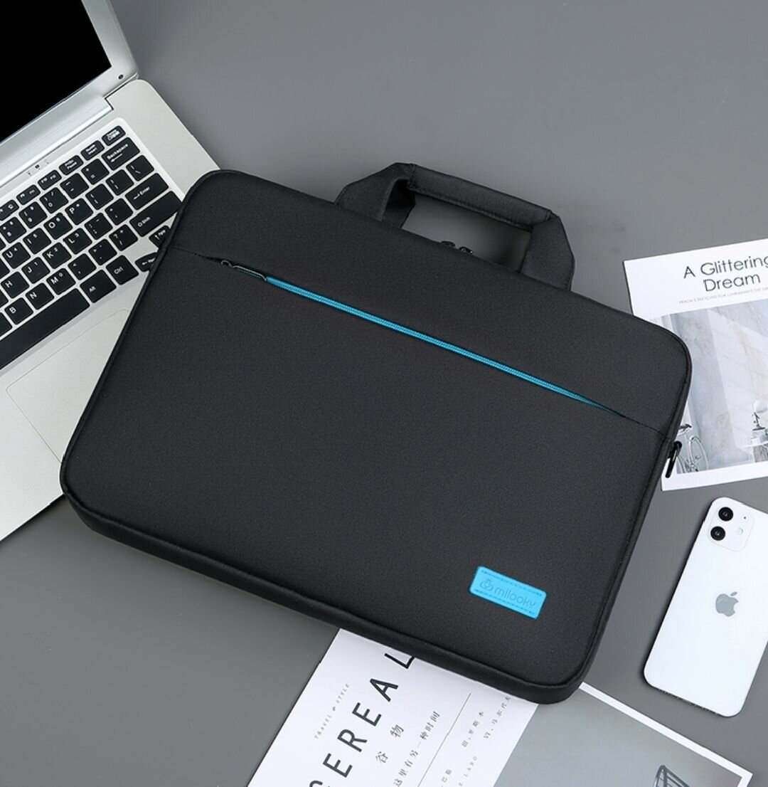Сумка Milooky, для ноутбука, полиэстер, внешнее отделение, плечевой ремень, черный с синим — фото 1
