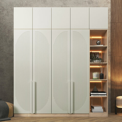 Изображение товара Шкаф Агератум МДФ четырехсекционный с антресолью и стеллажом Лайн керамика / Дуб Сонома NOW 220*45*220 см Фиеста