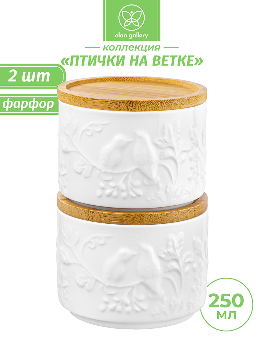 Банка для хранения сыпучих продуктов и запекания 2 шт 250 мл Elan Gallery Птички на ветке + дер. крышка, набор