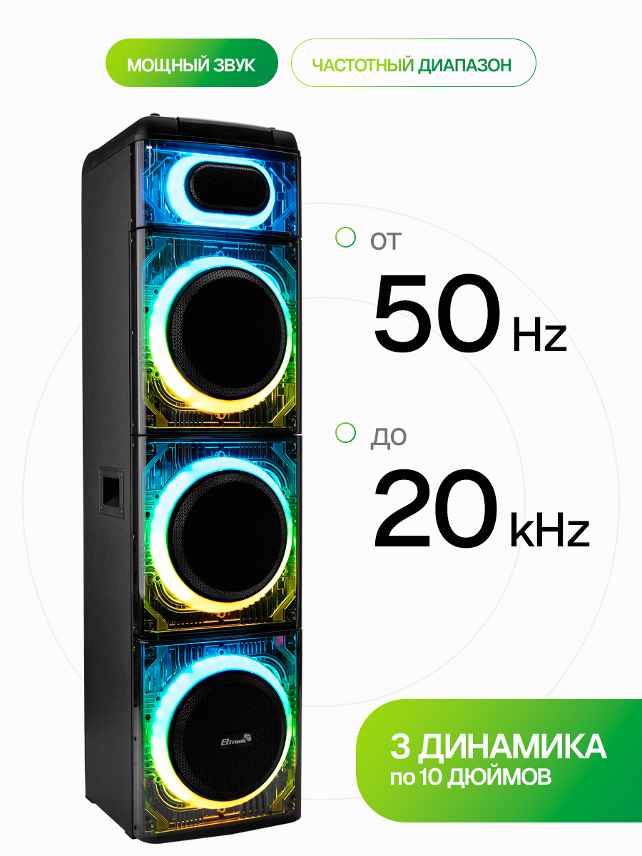 Колонка большая мощная Eltronic 20-26 Skillet Box 3500, Bluetooth, 2 беспроводных микрофона, TWS — фото 1