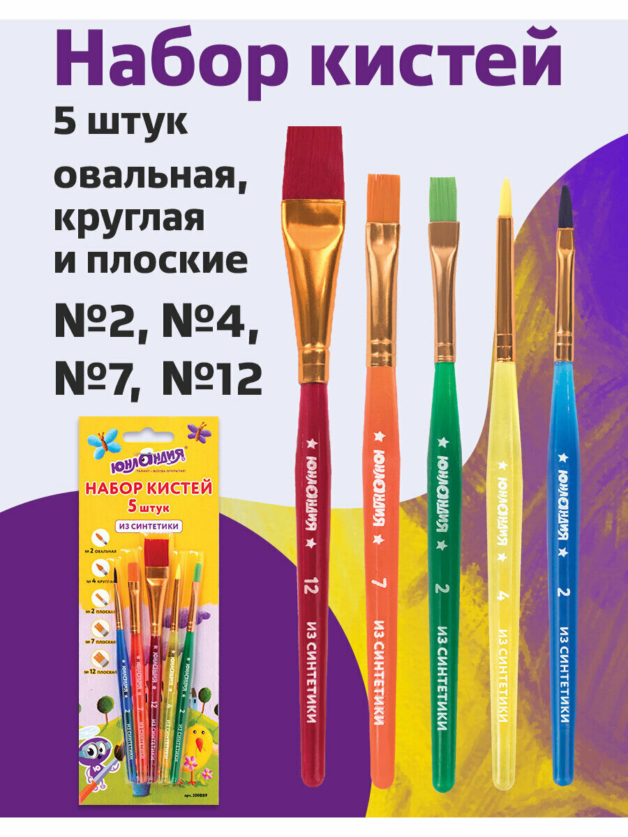 Кисти / кисточки для акварели, гуаши для рисования Юнландия, набор 5 штук (синтетика: круглая № 4; плоские № 2, 7, 12; овальная № 2), 200889