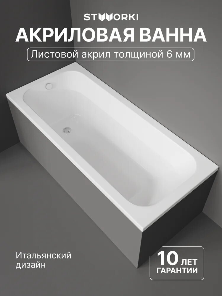 Акриловая ванна STWORKI Ларвик 170x75 с каркасом пристенная белая глянцевая прямоугольная