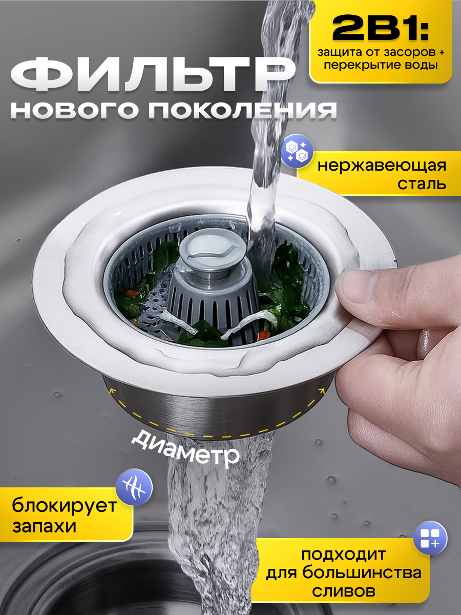 Фильтр сетка для раковины на слив с ситом сеточкой пробкой и заглушкой на кухню от засоров и запаха