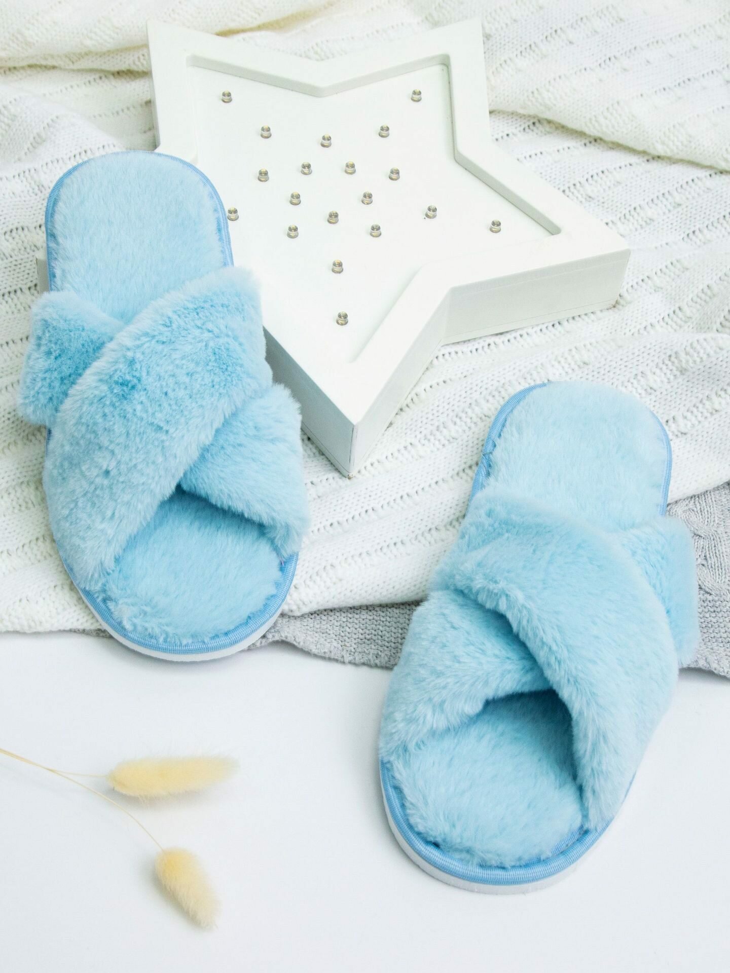 Тапочки Amaro Home Мех крест  размер 39 41  голубой