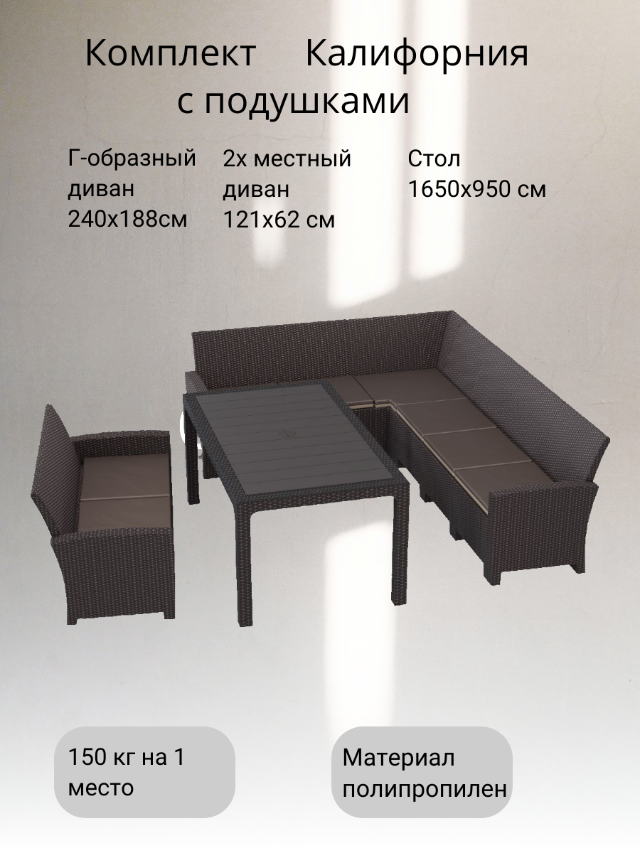 Комплект мебели Мир Дачника California угловой диван 240х188см 2-х местный диван стол устойчивость к влаге