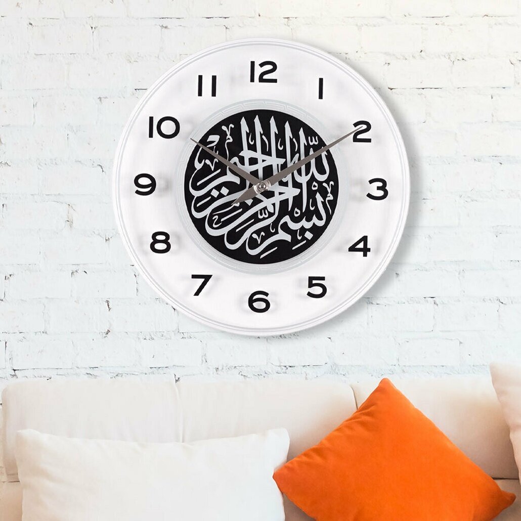 Часы настенные стеклянные с арабской надписью, диаметр 39см, корпус белый/черный, стрелки металлические