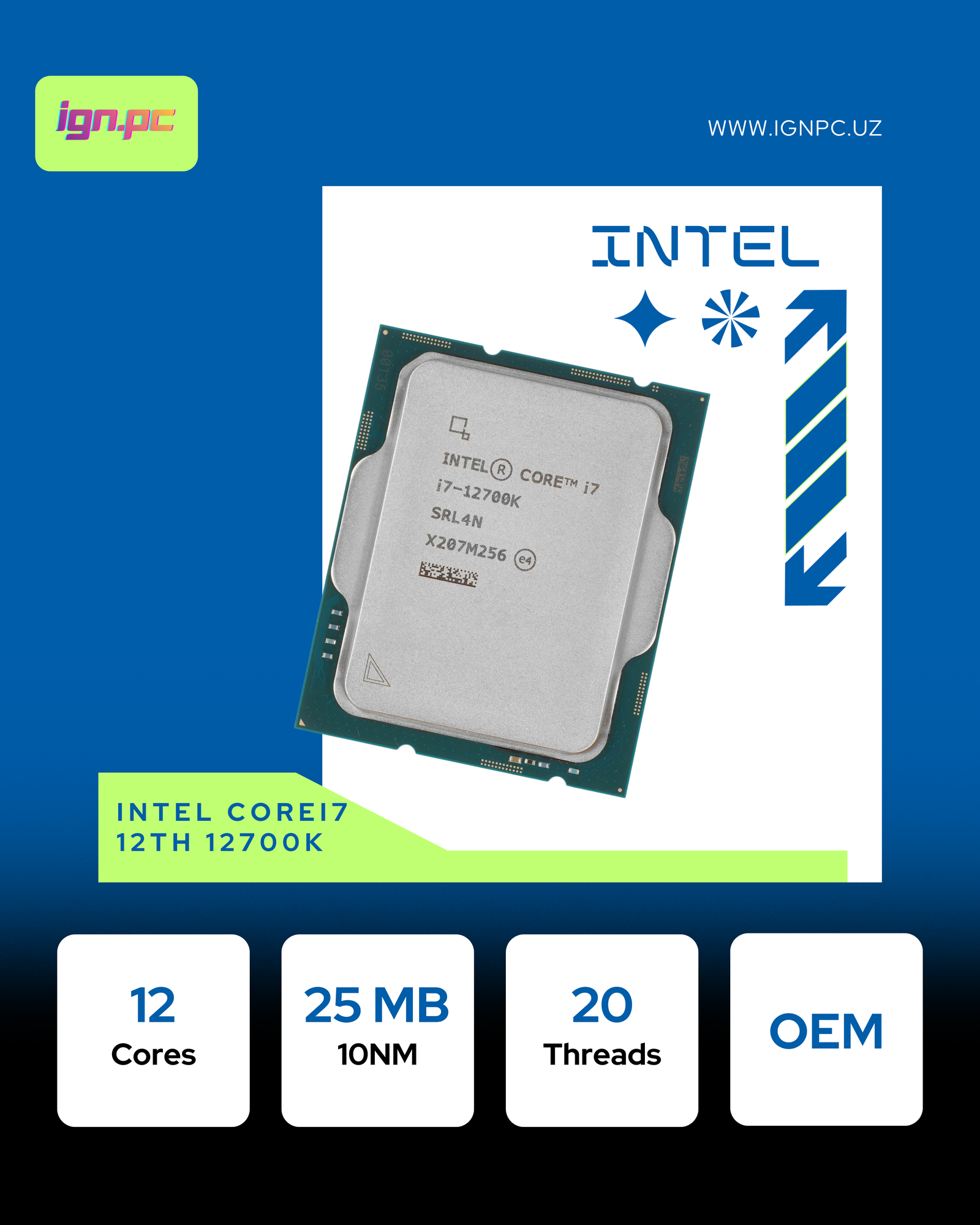 Intel-Core i7 - 12700K, 3.6 GHz, 25MB, oem, LGA1700, Alder Lake