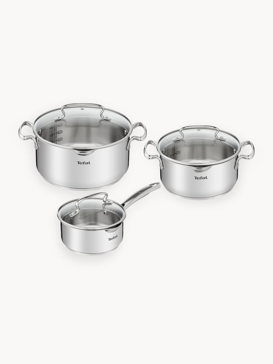 Набор посуды для приготовления Tefal Duetto+: кастрюли 20 см, 24 см, ковш 16 с крышками, из нержавеющей стали, со сливными носиками, для газовых, электрических и индукционных плит