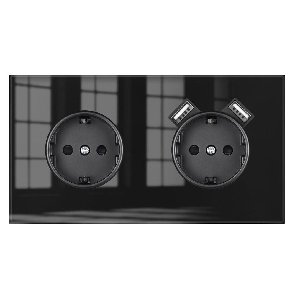 Розетка двойная с 2 USB-портами, 16А 250В, со шторками, рамка закаленное стекло, цвет чёрный. F8 — фото 1