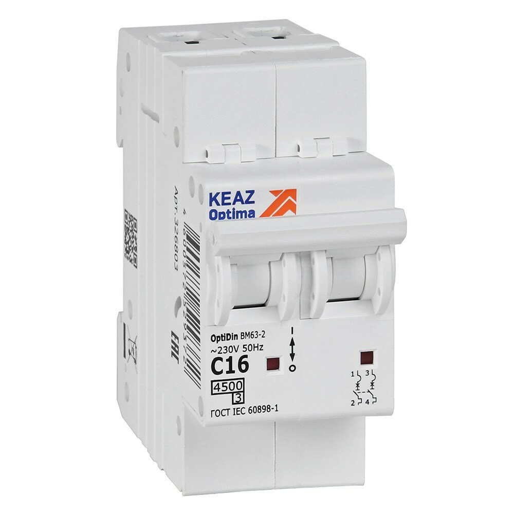 КЭАЗ Выключатель автоматический двухполюсный 16А C 45кА AC OptiDin BM63-2C16-45-УХЛ3 / КЭАЗ 4600572530477