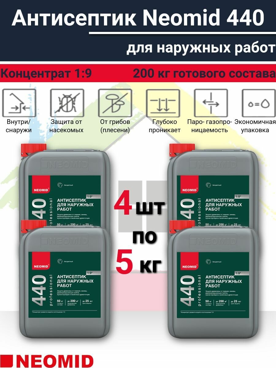 Антисептик для дерева NEOMID 440 бесцветный 20кг (5кг-4шт) концентрат 1:9 (200кг готового раствора)