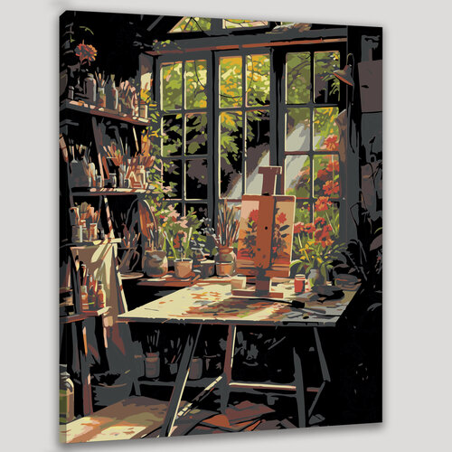 Изображение товара Картина по номерам 40x50 см, картина маслом, художник-енот, лесная студия, зелень, естественный свет, деревья, холст