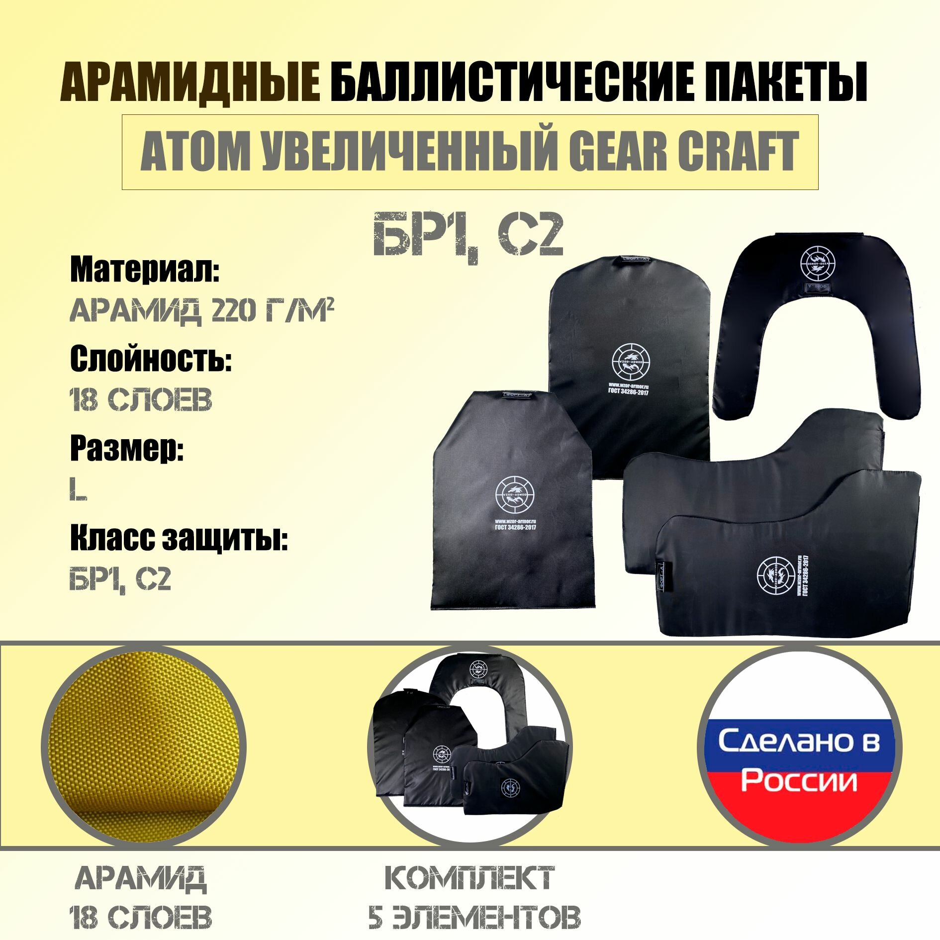Бронепакет Wzor-Armor для бронежилета Gear Craft Атом увеличенный, арамидная баллистика, 18 слоев, размер L, 5 элементов
