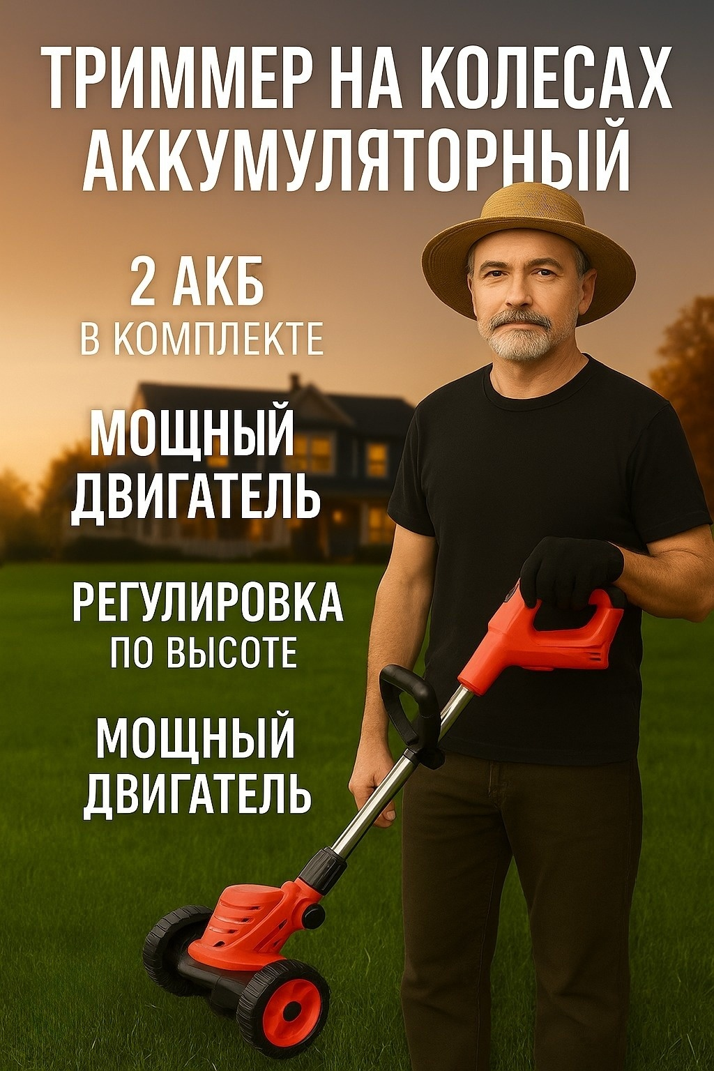 Аккумуляторный триммер садовый на колесах