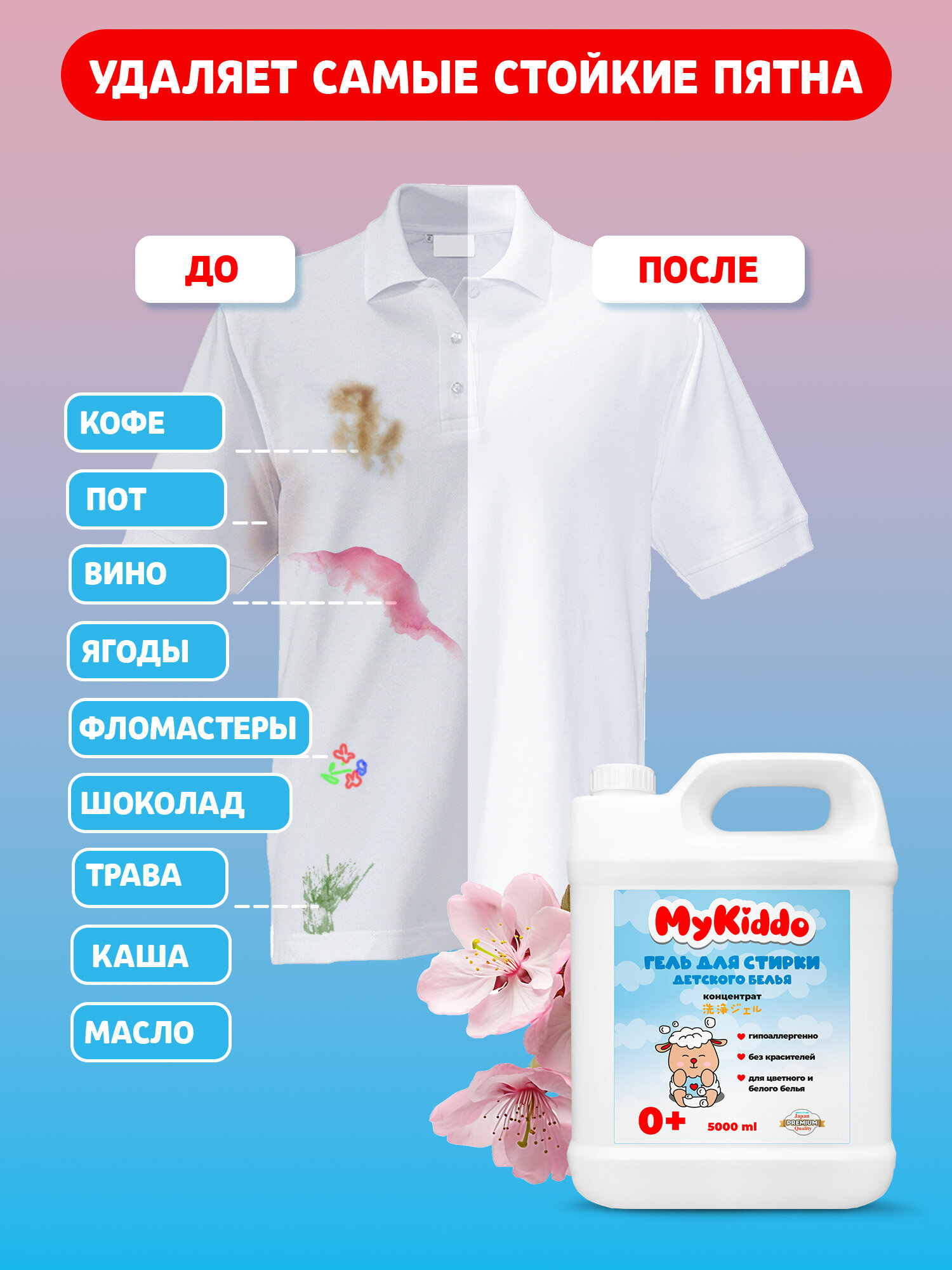 Изображение Гель для стирки 5л, MyKiddo, для детского белья, для цветного, белого белья, концентрат