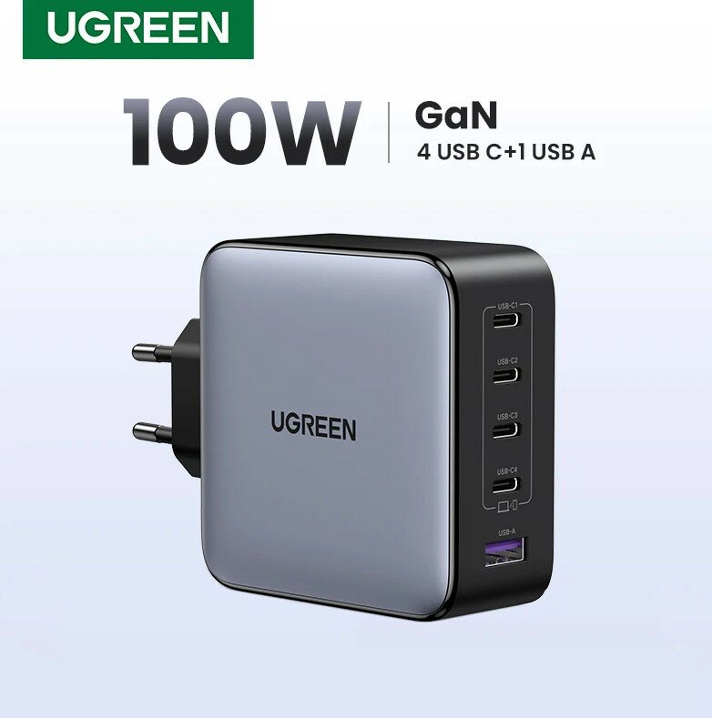 Сетевое зарядное устройство Ugreen X563 100Вт, USB-A + 4xUSB-C, GaN Tech, цвет серый