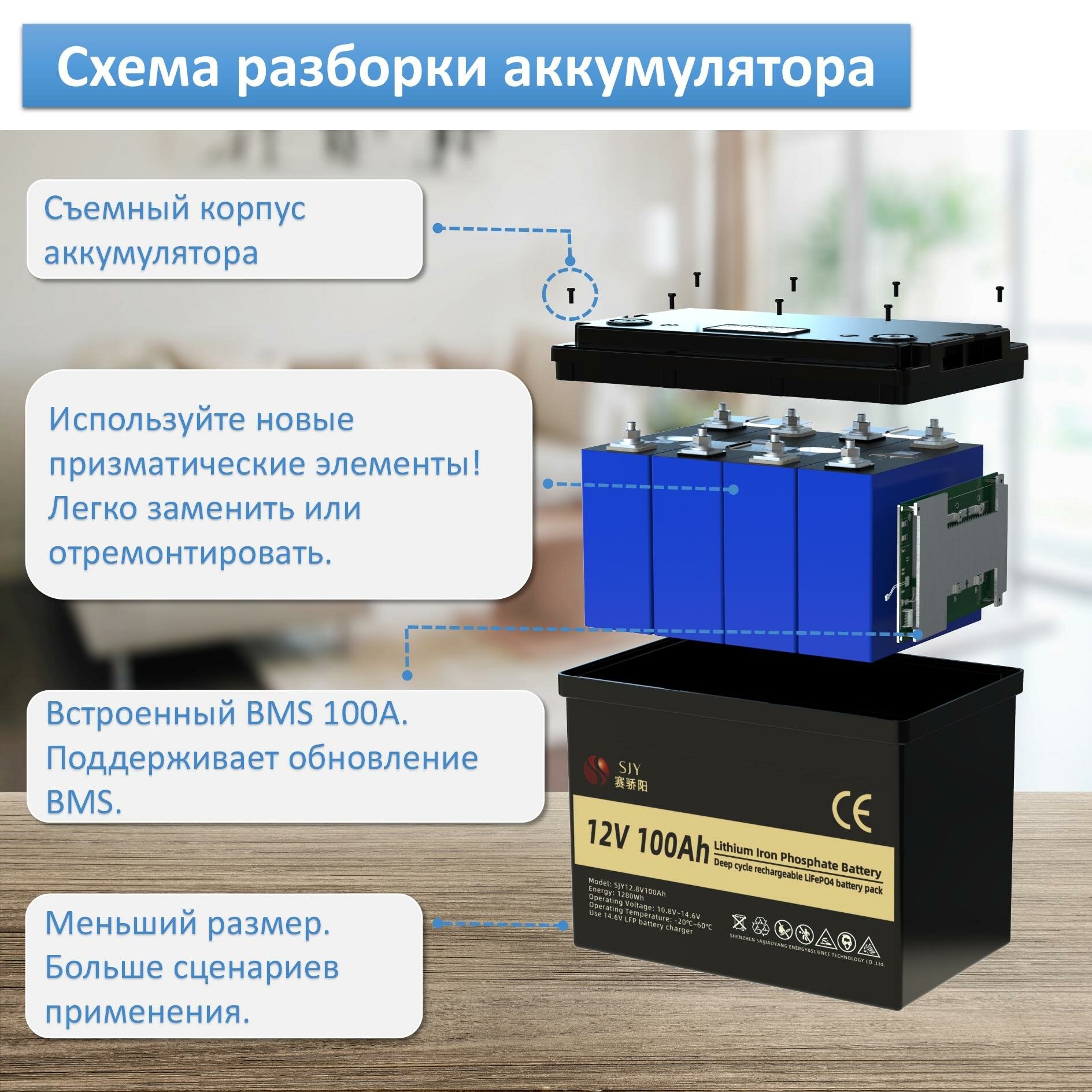 SJY LiFePO4 12 В 100 Ач литиевая батарея 1280 Втч 6000 циклов аккумулятор для лодки/троллинг/каяка/дома на колесах — фото 1