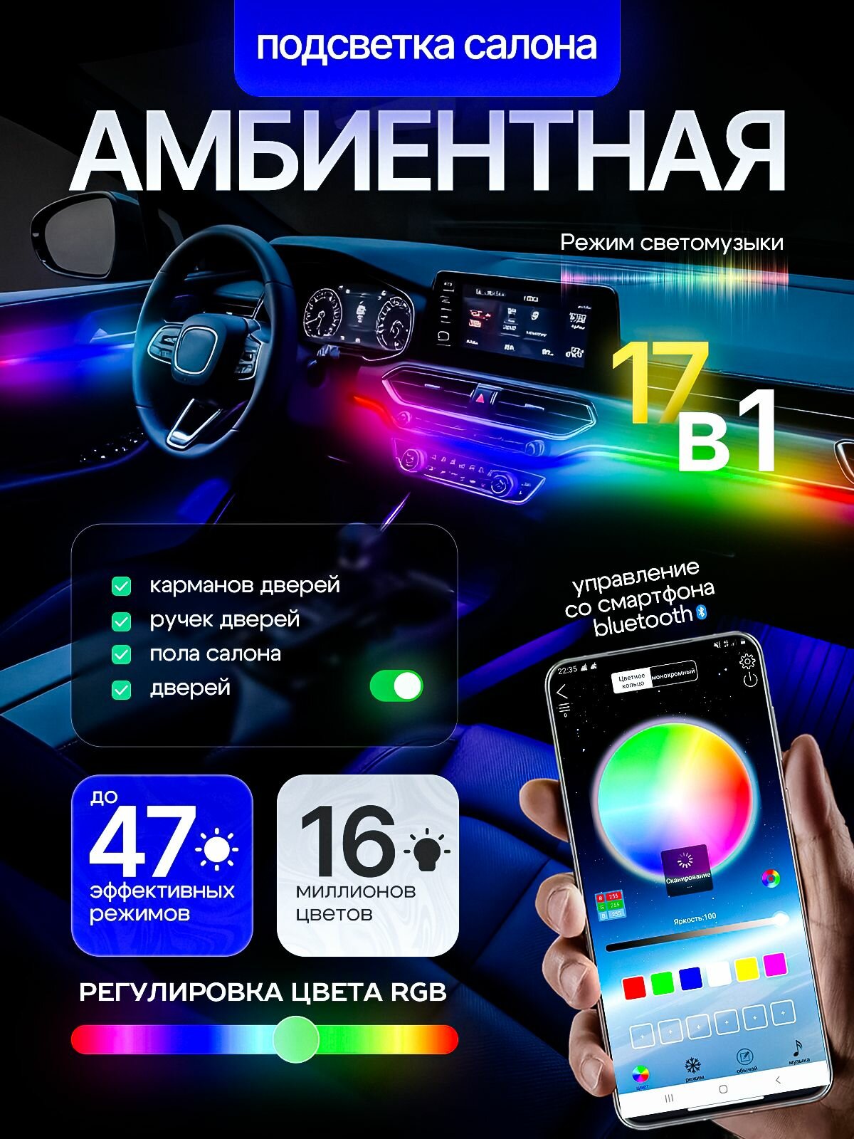 Амбиентная подсветка салона авто атмосферная 17 в1