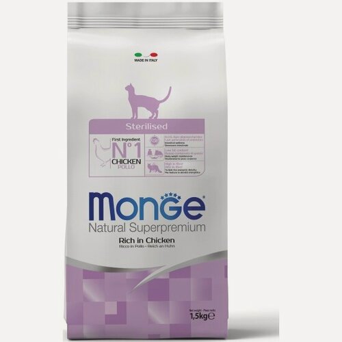 Изображение товара Корм сухой для стерилизованных взрослых кошек Monge Cat Sterilised с курицей 1,5 кг