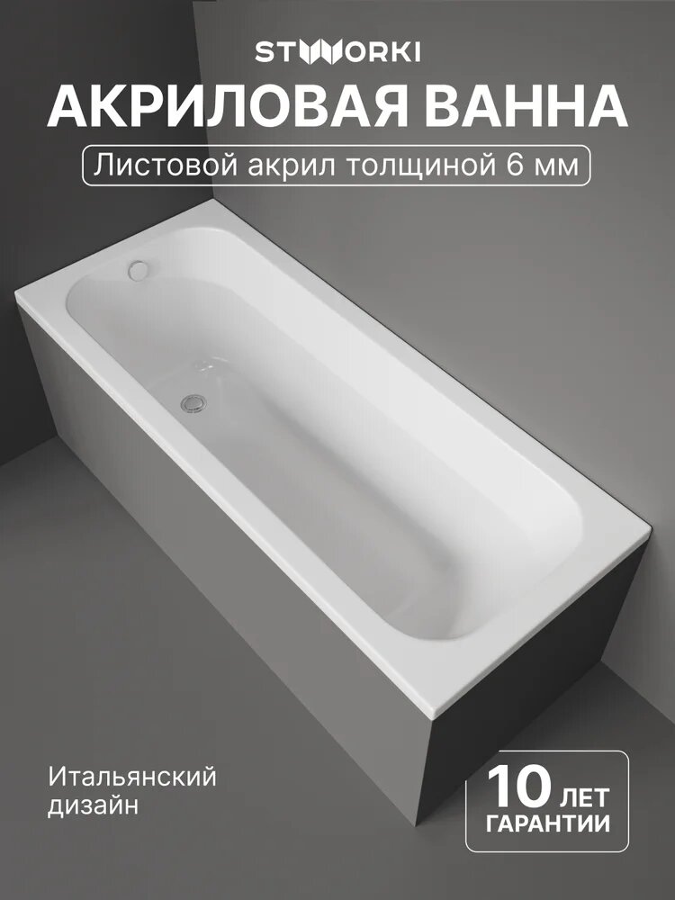 Акриловая ванна STWORKI Ларвик 170x70 с каркасом пристенная белая глянцевая прямоугольная