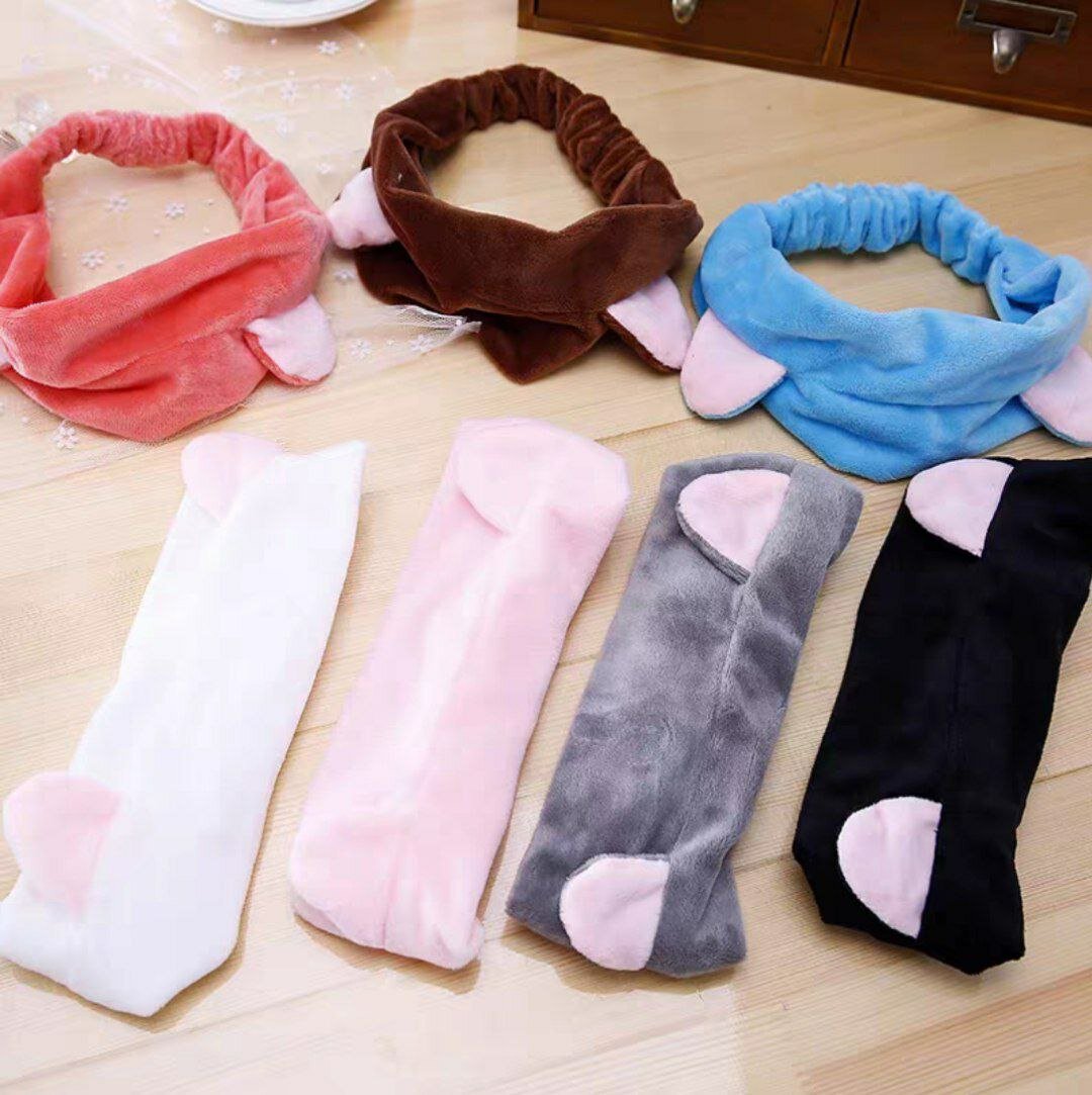 Повязка косметическая, для умывания, на голову, с ушками розовая и белая