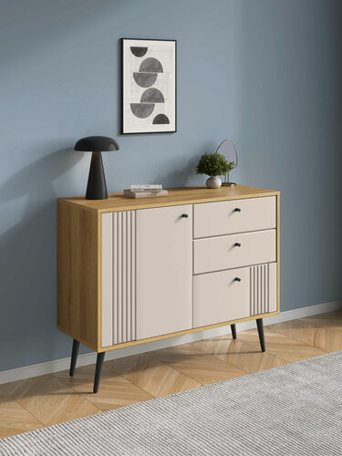 Изображение товара Комод для одежды Вега Саксония с ящиками, с полками, 105х40х80 см, Дуб Крафт золотой / Миндаль