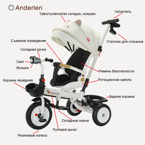 Изображение товара Велосипед трехколесный Anderlen, складной, стальной, с музыкой и светом, для 1-6 лет