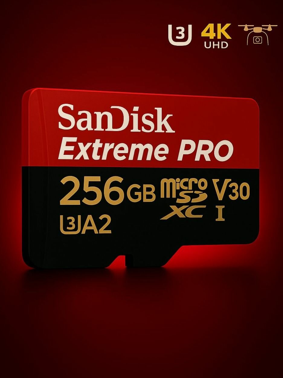 SanDisk 256 Гб Карта памяти microSDXC Extreme Pro (SDSQXCD-256G-GN6MA) Class 10 A2 V30 UHS-I, запись до 140 МБ/с, чтение до 200 Мб/с, с адаптером, для 4K-видео, экшн-камер и дронов