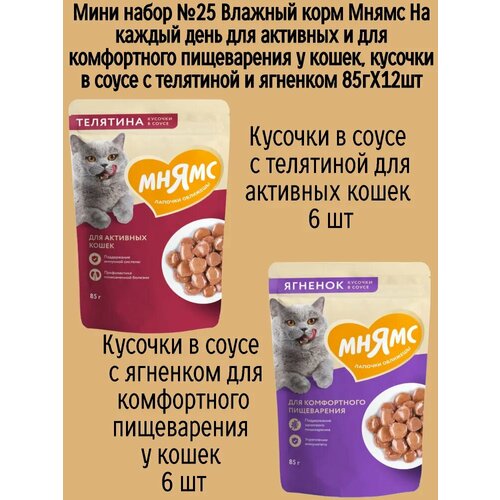 Мини набор №25 Влажный корм Мнямс для активных домашних кошек, кусочки в соусе с телятиной и ягненком, 12 шт х 85 гр