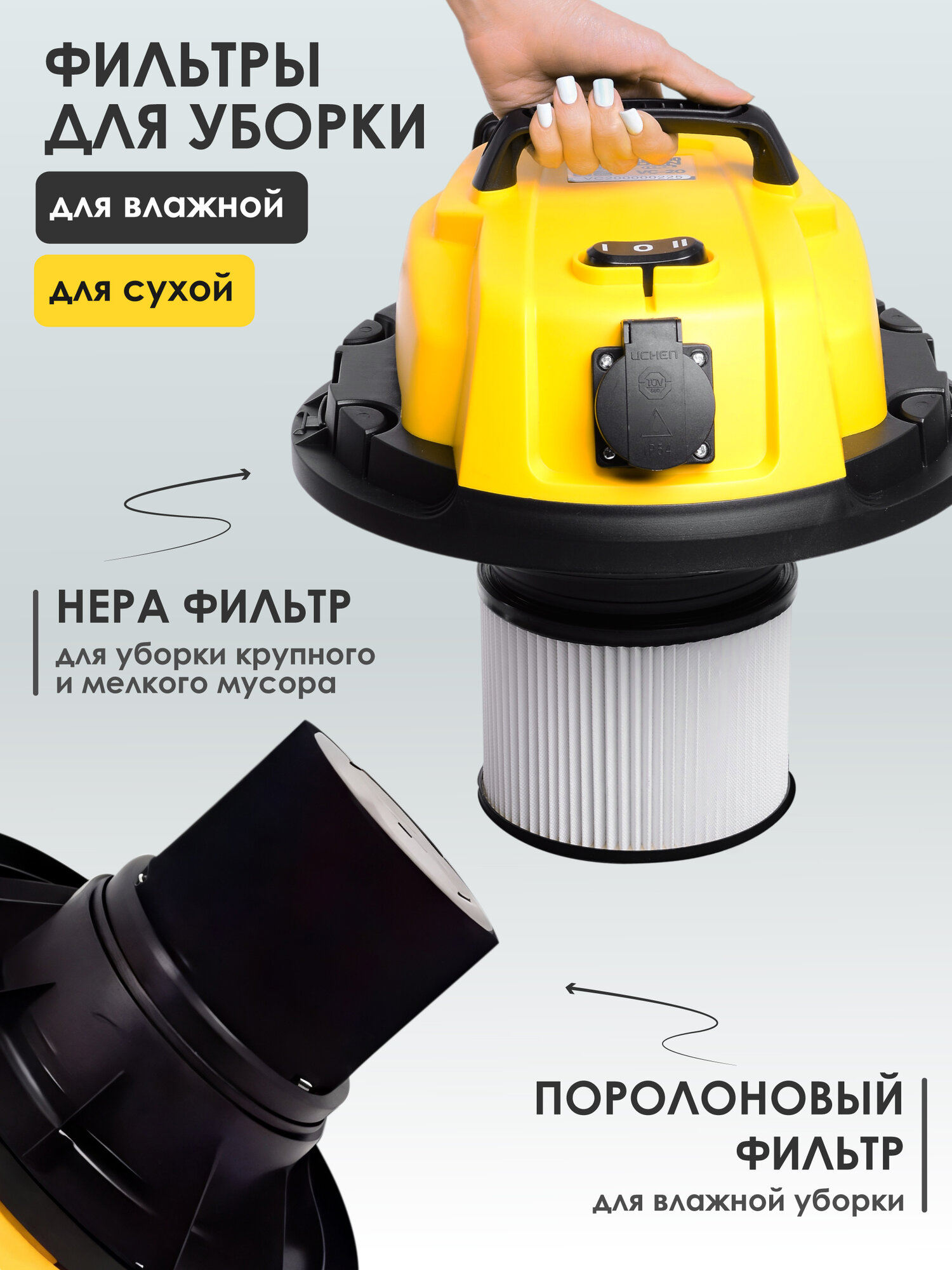 Пылесос строительный ZORGEPRO VC-20 ( 1500 Вт, 20 литров, Шланг 3 М, нера фильтр, сухая/влажная уборка ) — фото 1