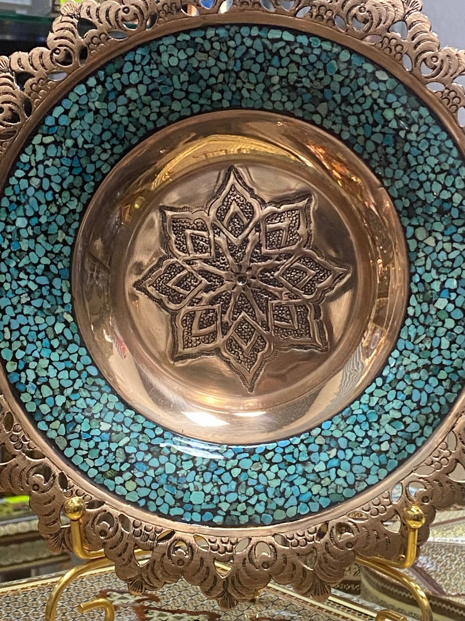 Тарелка "Фирузе", ручная работа, 21 см, бирюзовая, золотистая, медная — фото 1